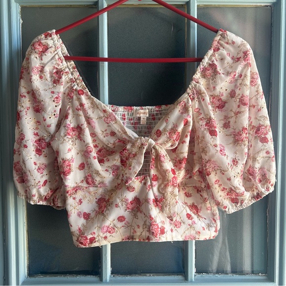 Buckle BKE Floral Front Tie Chiffon Puffy Sleeve Crop Top A. PEACH White Pink M - Picture 2 of 11
